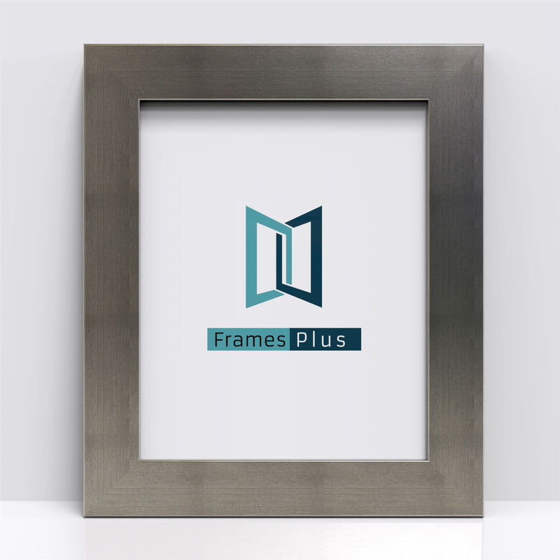 Gunmetal picture frame featuring the Frames Plus logo, showcasing its sleek and modern design.