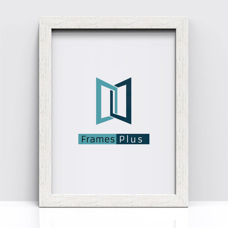 White distressed picture frame featuring the Frames Plus logo, suitable for showcasing photos and artwork.
