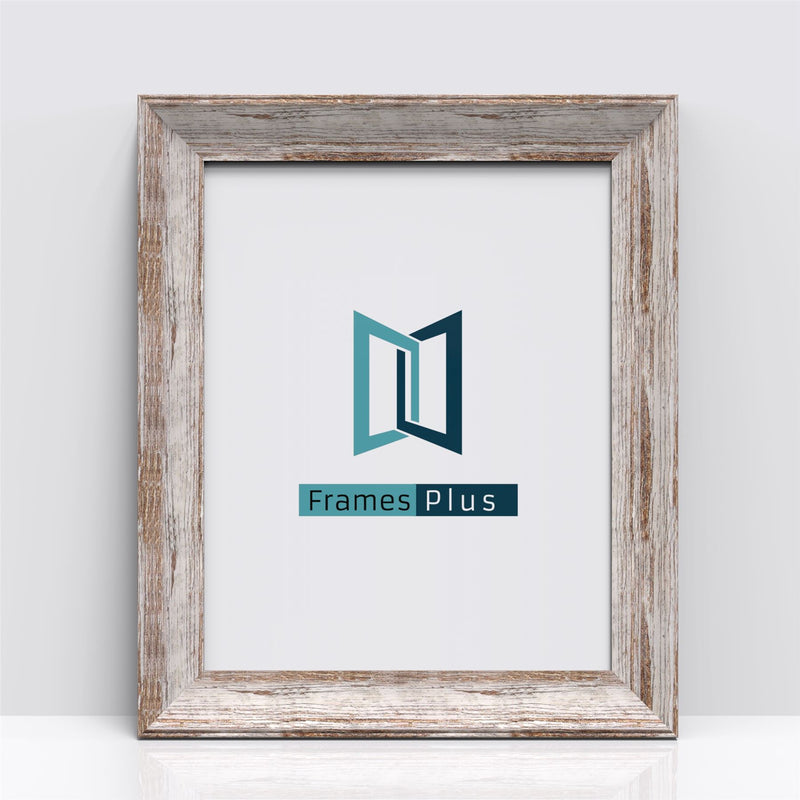 Walnut distressed picture frame showcasing Frames Plus logo in a stylish design.