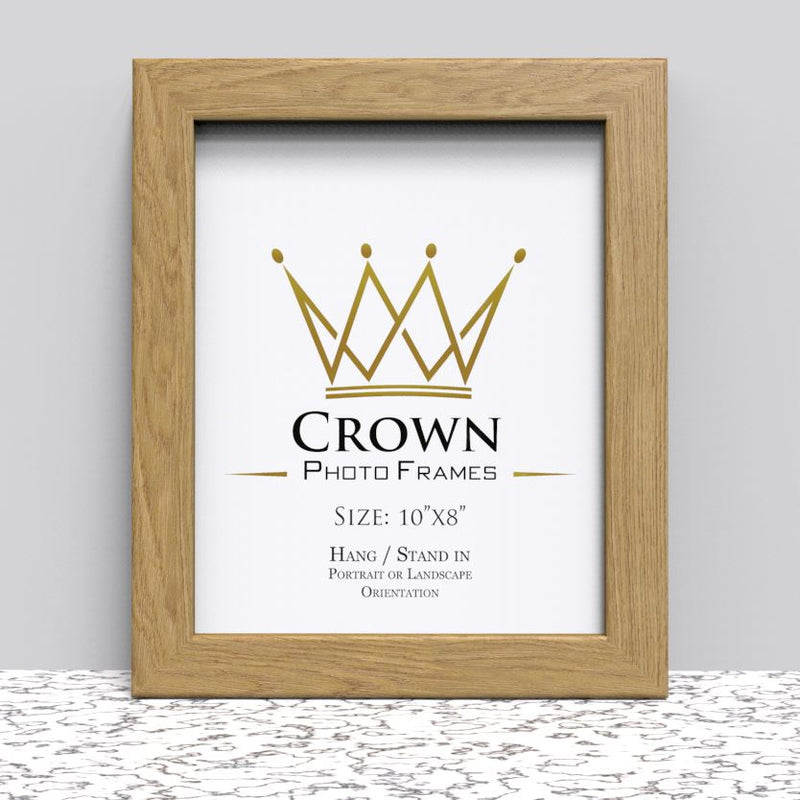 10x8 photo frame options in oak with a crown design, suitable for portrait or landscape orientation.