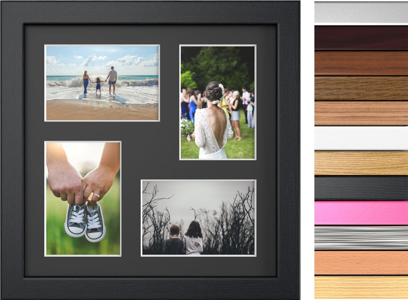 Modern multi-aperture photo frame displaying four photos in a stylish black mount.