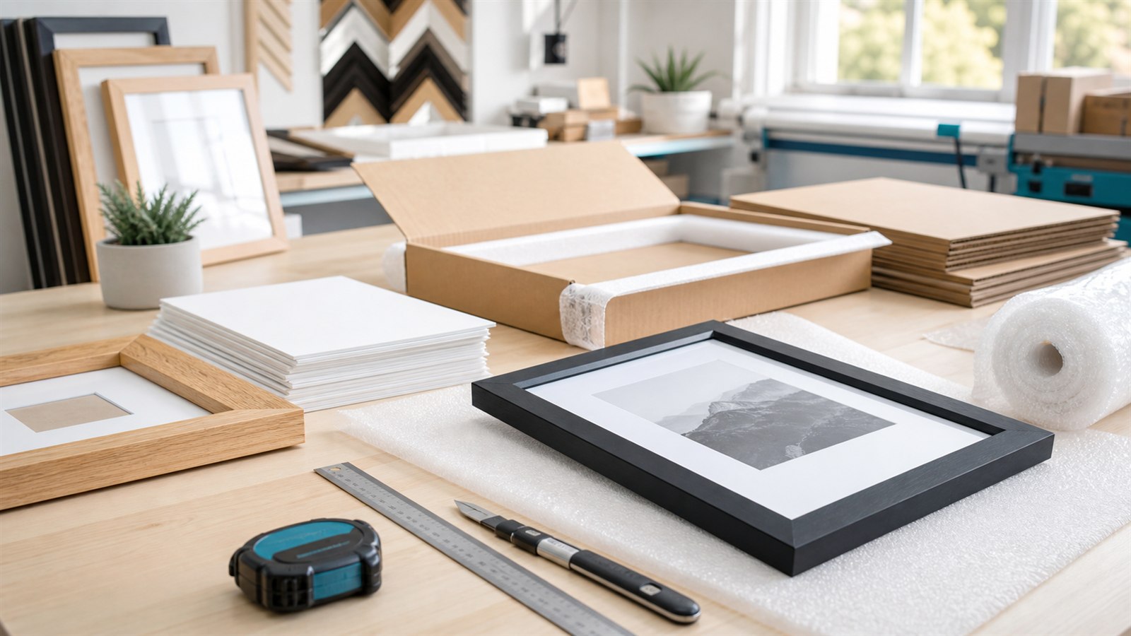 Picture frames and packing materials prepared on a clean workshop bench
