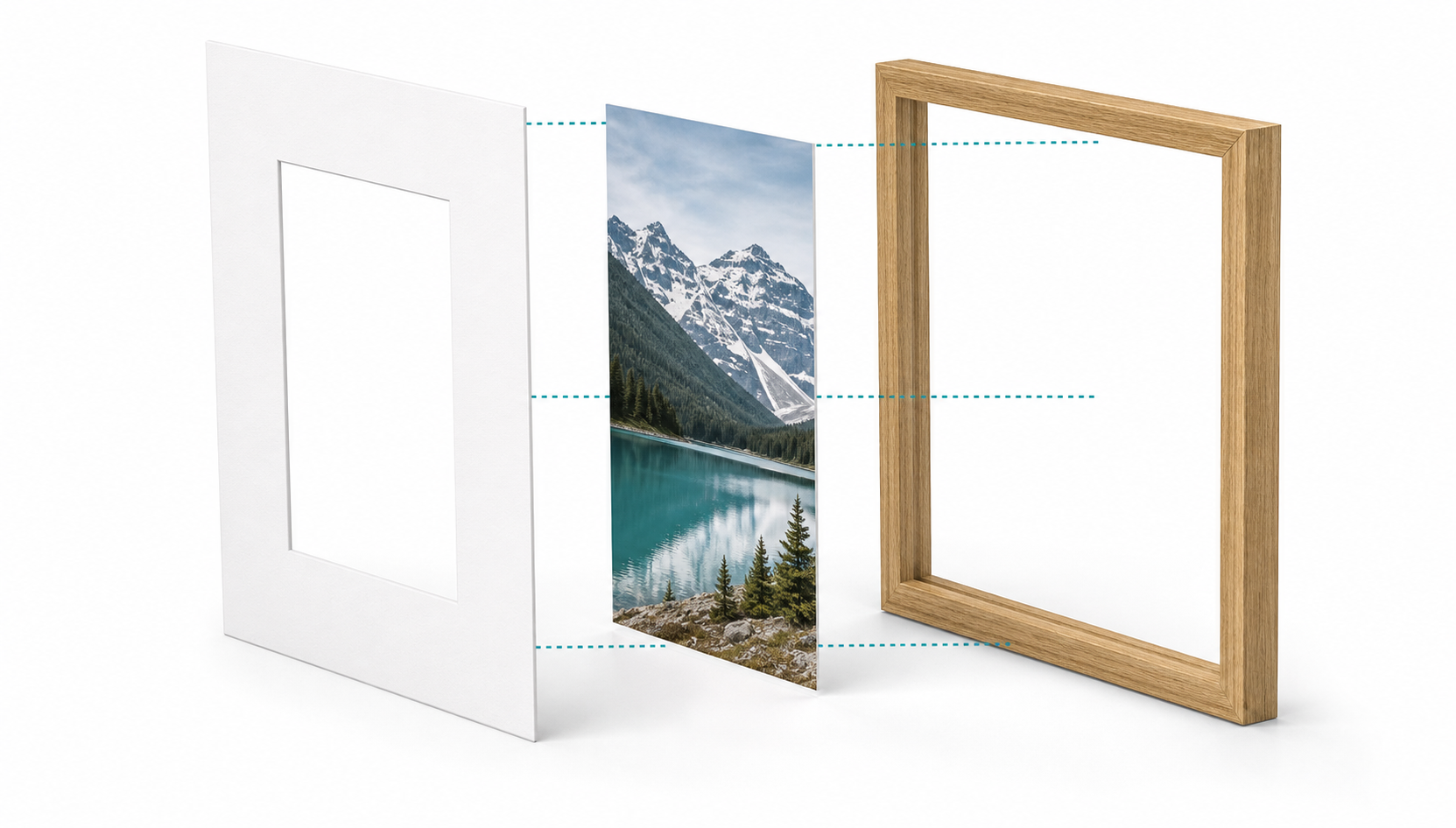 Exploded view of mount board, artwork and frame showing aperture alignment
