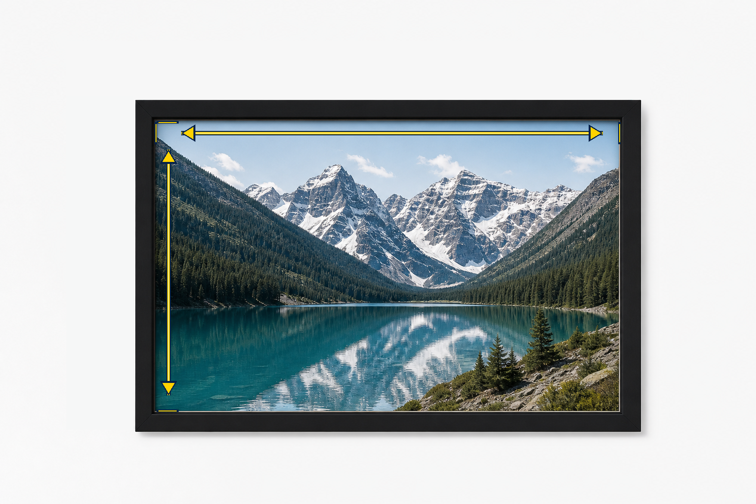 Picture frame with teal width and height measuring arrows