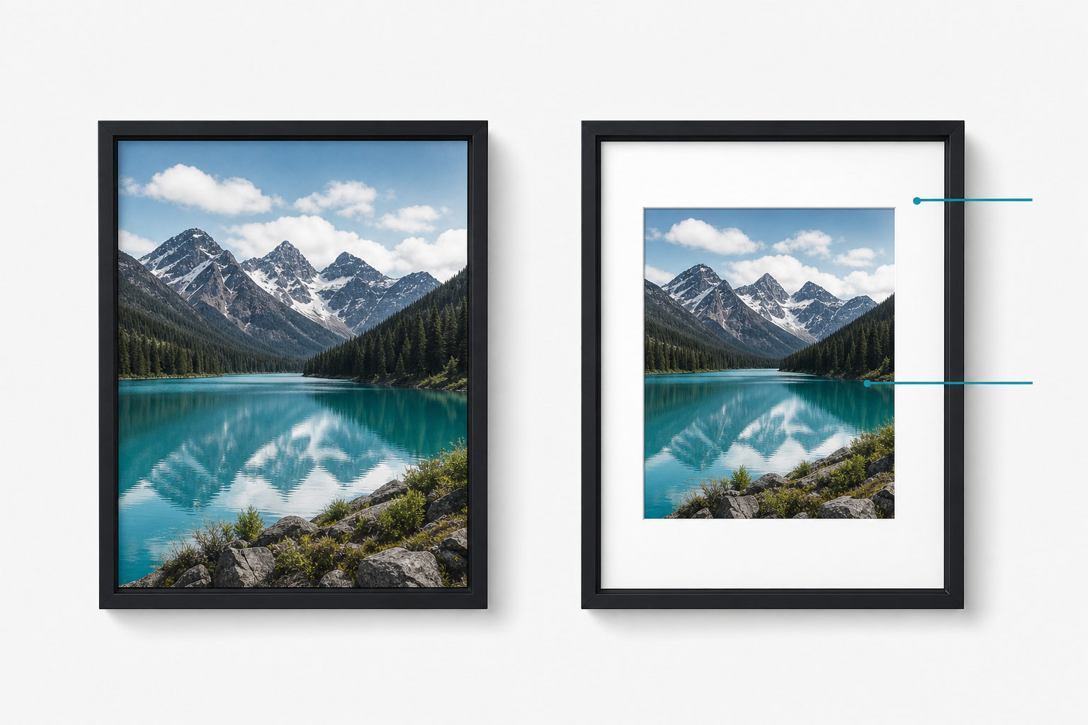 Comparison of picture frame without a mount and with a white mount