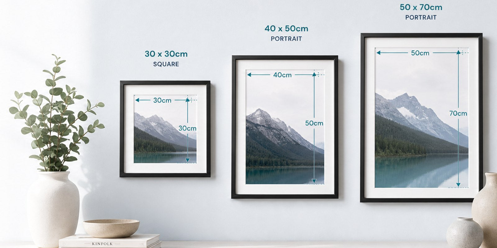 Three framed prints showing inside artwork measurements for standard frame sizes